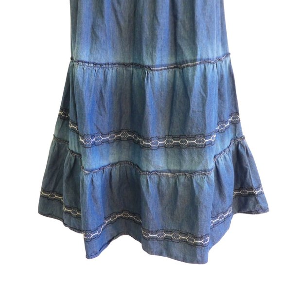 Lapis Denim Maxi Dress Prairie Tiered Puff Sleeves Embroidery Smocked Waist M - Picture 4 of 8